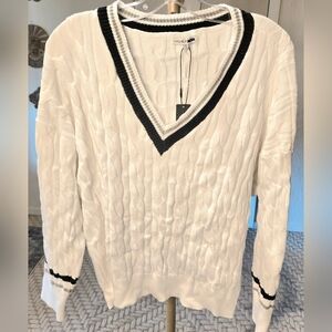 Fashion Nova Women's White Cable Knit Sweater with Black And Grey Trim